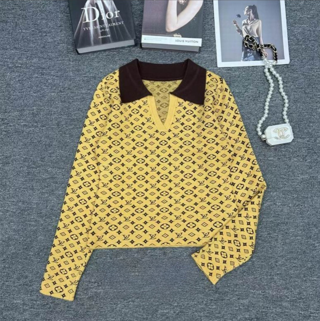 LV #Split Neck Monogram Sweater