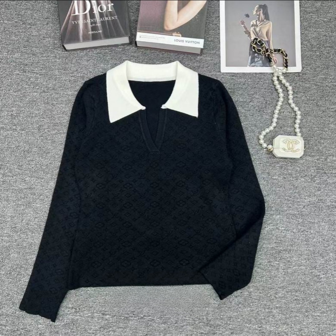 LV #Split Neck Monogram Sweater
