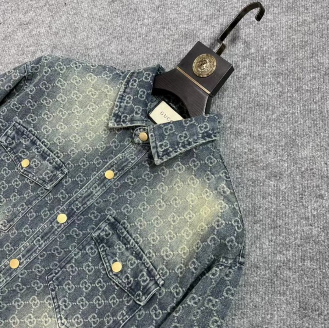 GG #Denim Distressed Monogram Shirt