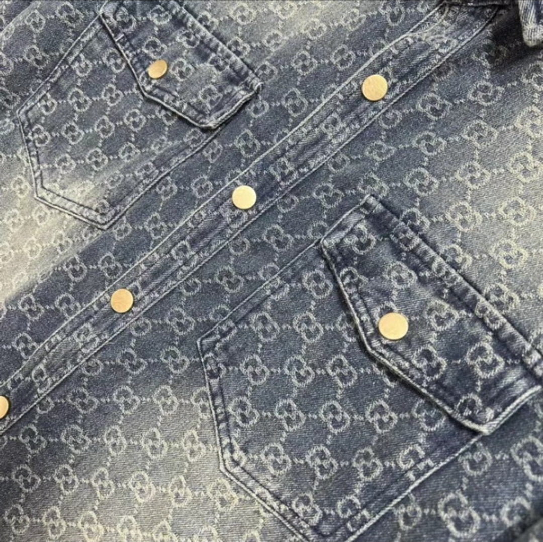 GG #Denim Distressed Monogram Shirt