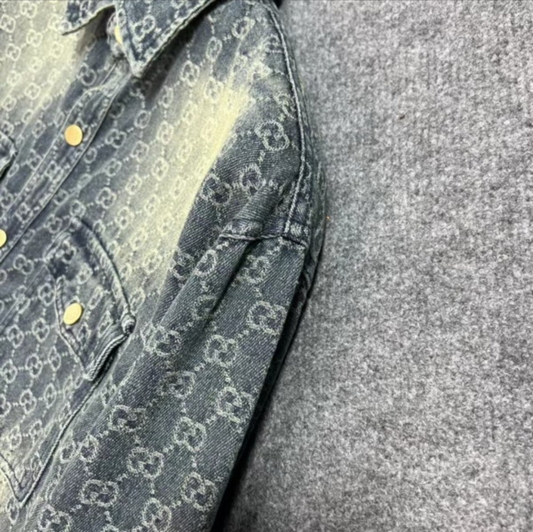 GG #Denim Distressed Monogram Shirt