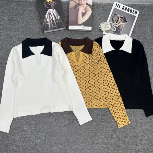 LV #Split Neck Monogram Sweater