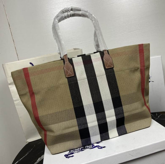 Bur  #CheckCanvas and Leather Tote