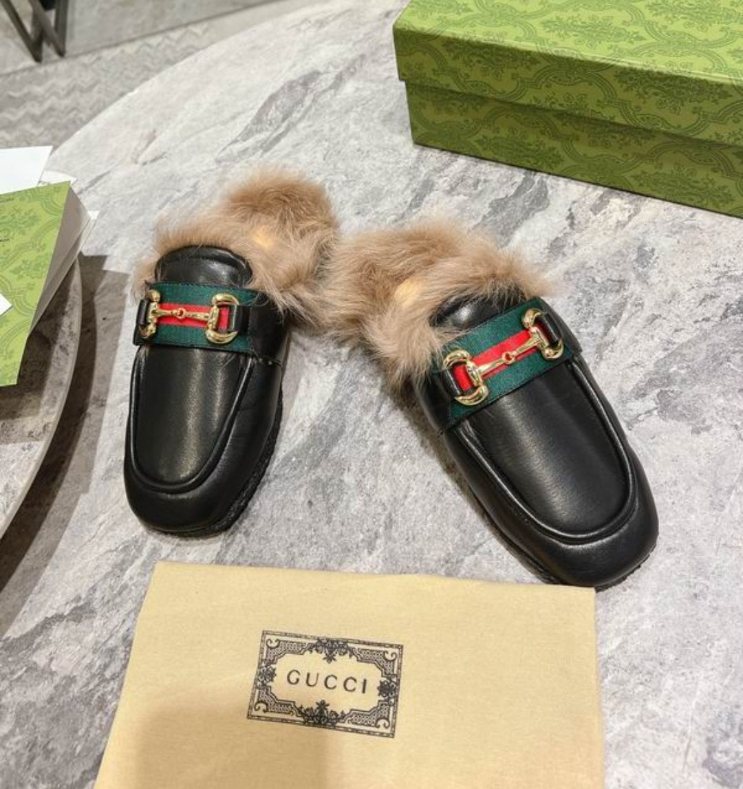 GG #Fur&Leather Horsebit Mules