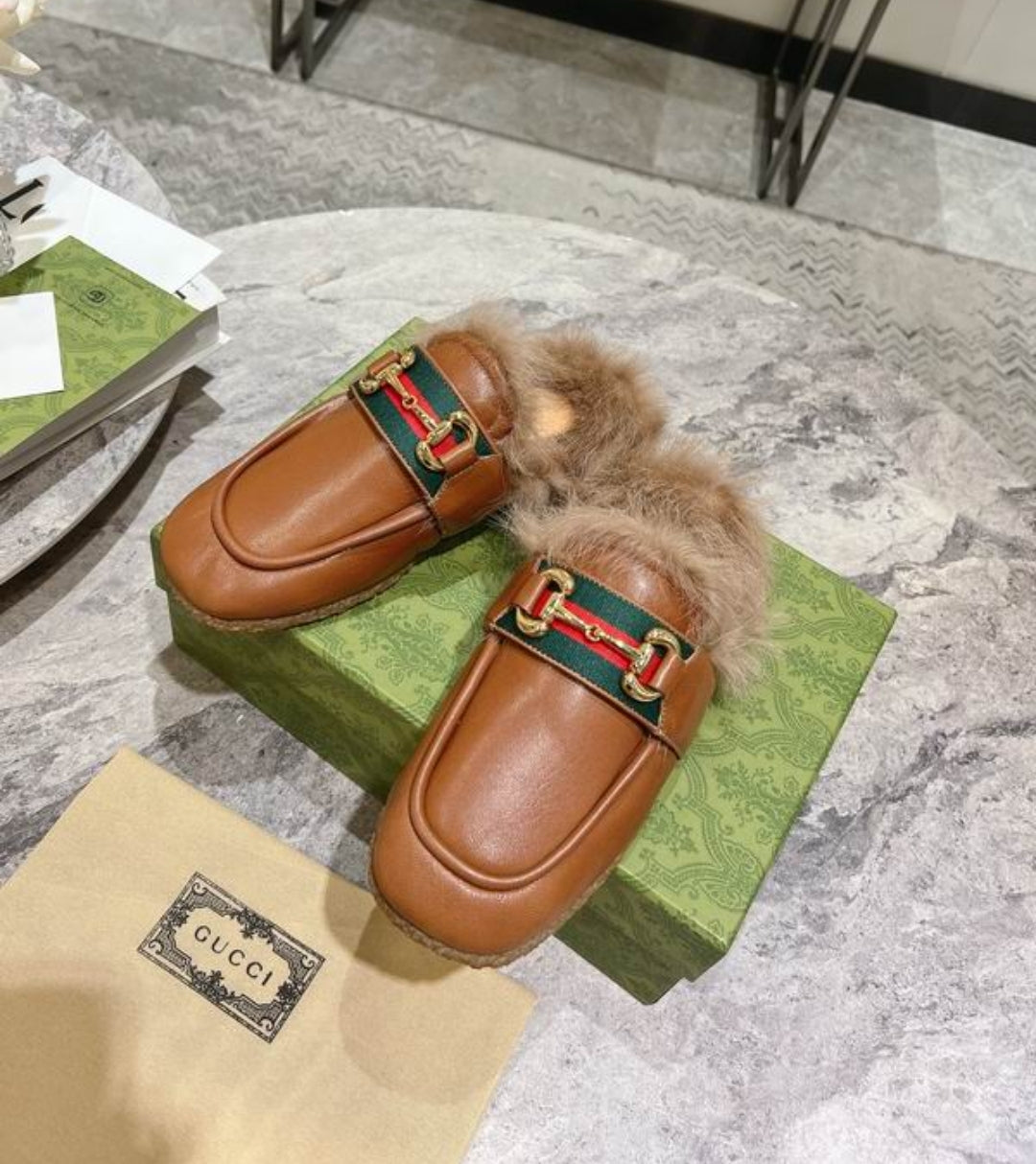 GG #Fur&Leather Horsebit Mules