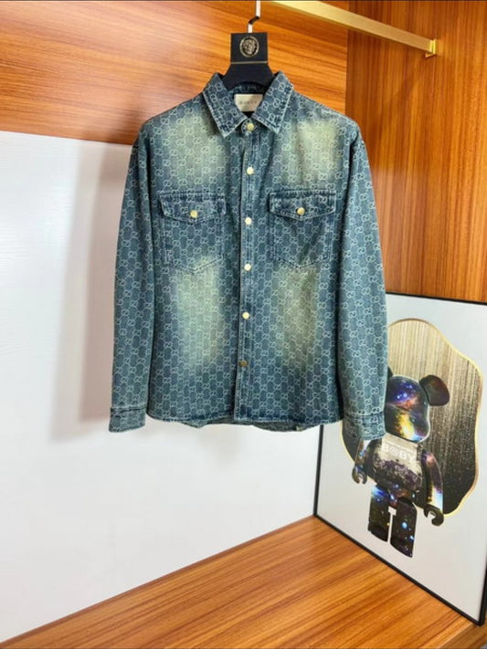 GG #Denim Distressed Monogram Shirt